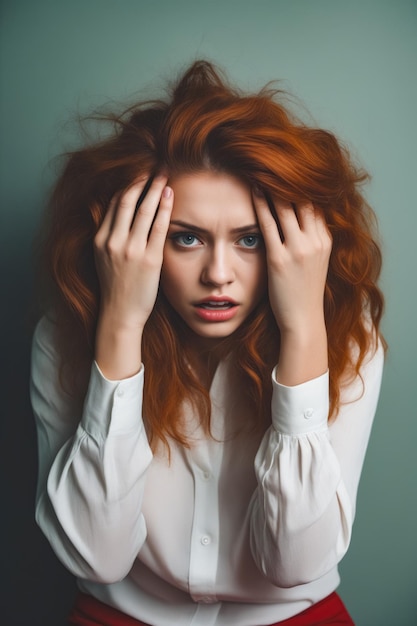 La mujer de pelo rojo tiene las manos en la cabeza.