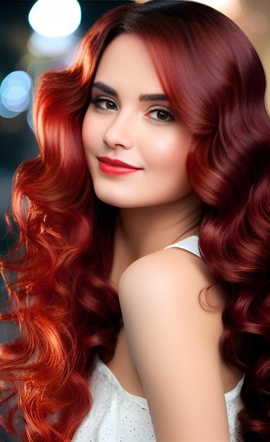 Una mujer con el pelo rojo y un top blanco.