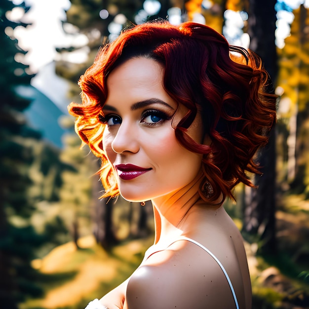 Una mujer de pelo rojo y un vestido blanco está de pie en un bosque.
