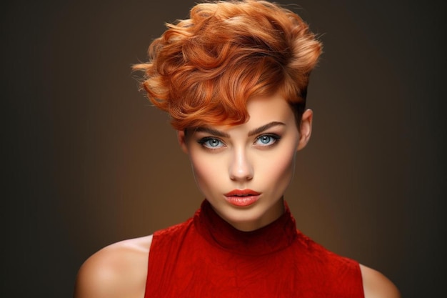 Una mujer con el pelo rojo y un vestido rojo.