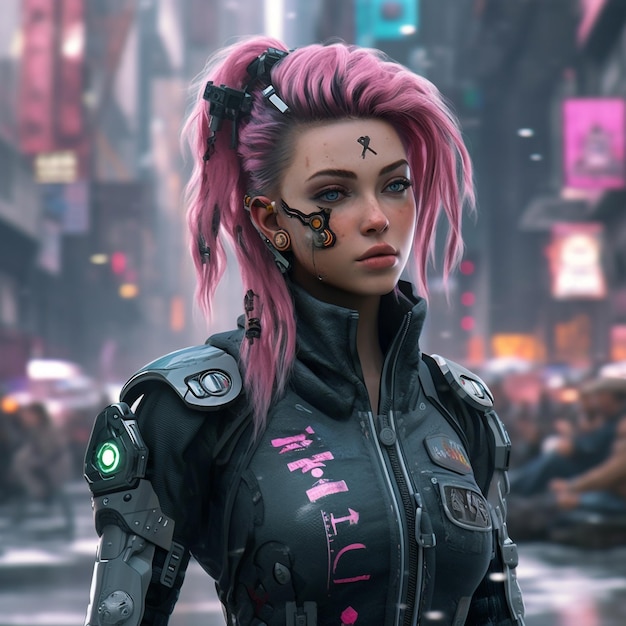 Una mujer de pelo rosa y chaqueta negra con pelo rosa y un cartel en blanco y negro que dice 'cyberpunk'
