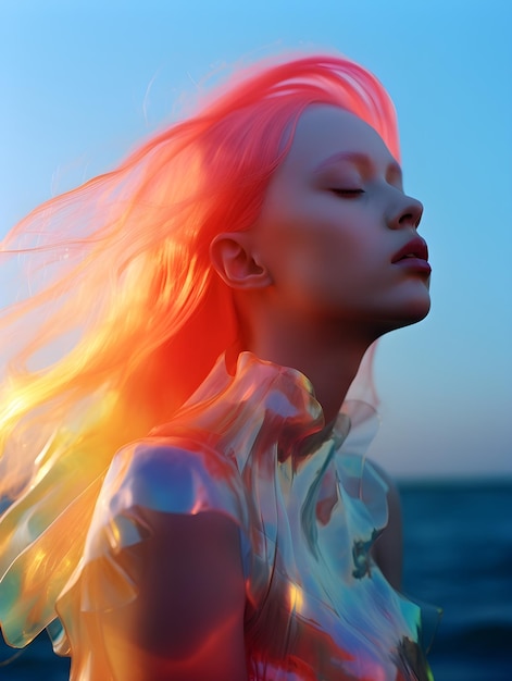 Una mujer de pelo rosa y un cielo azul de fondo.