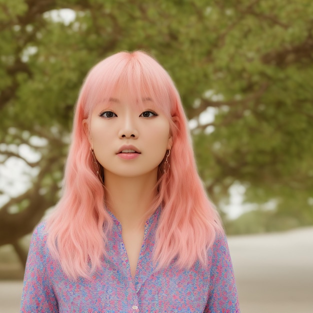 Una mujer de pelo rosa se para frente a un árbol.