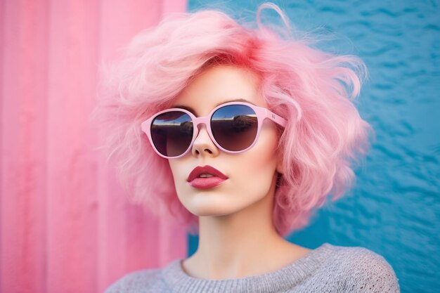 Una mujer de pelo rosa y gafas de sol se para frente a una pared azul.