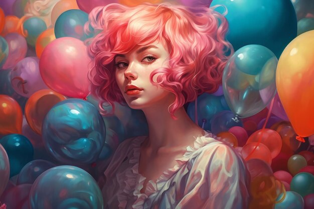 Una mujer de pelo rosa y un montón de globos.