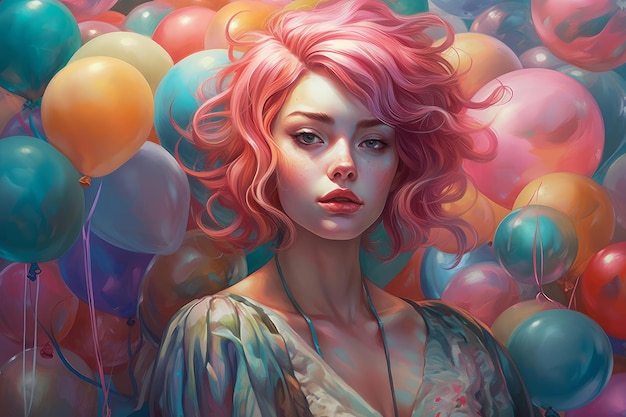 Una mujer de pelo rosa y un montón de globos.