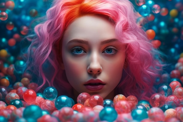Una mujer de pelo rosa y ojos azules está rodeada de bolas.
