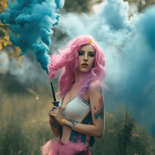 Una mujer de pelo rosa y un tatuaje rodeada de humo azul.