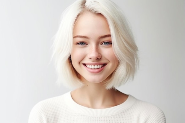 Una mujer de pelo rubio y suéter blanco sonríe a la cámara.