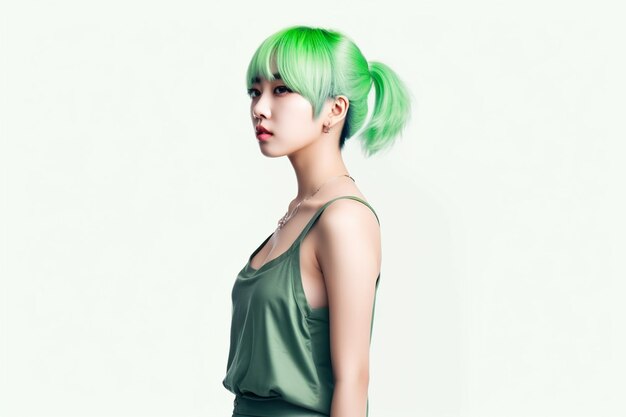 Mujer de pelo verde y top verde