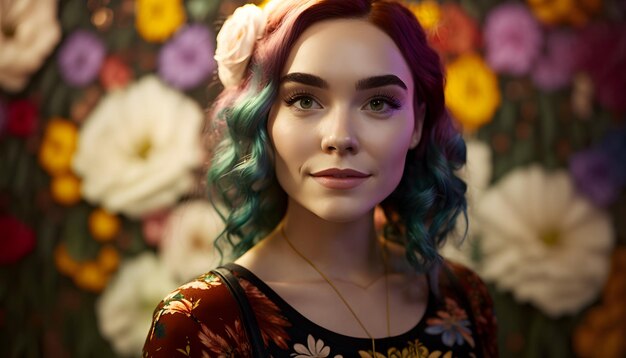 Una mujer de pelo verde y vestido floreado se para frente a un muro de flores.