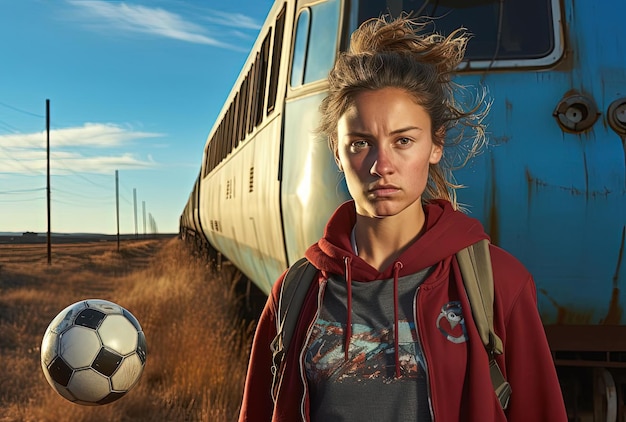 mujer con una pelota de fútbol de pie en el campo cerca del tren en el estilo de énfasis en la expresión facial
