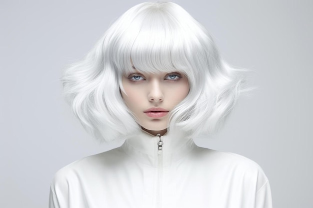 una mujer con una peluca blanca y una chaqueta blanca