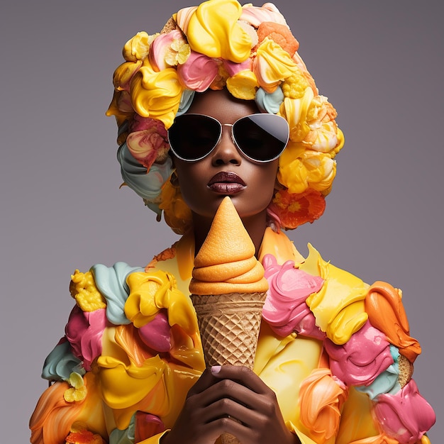 una mujer con una peluca y gafas de sol sostiene un cono de helado.