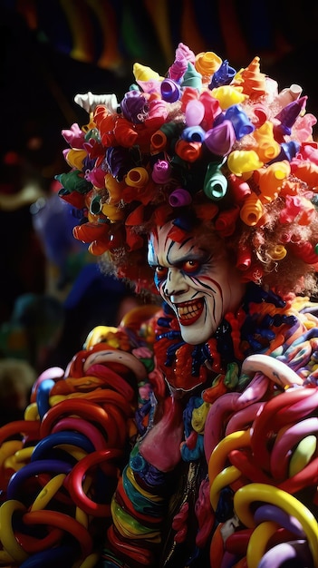 Foto una mujer con peluca de payaso y cabello colorido.