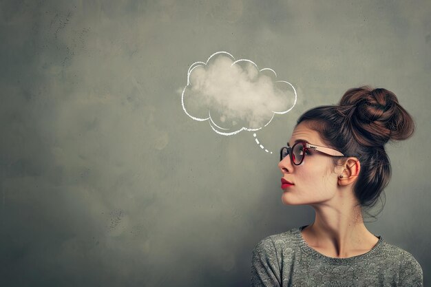 Foto mujer pensante con una idea incluyendo burbuja de pensamiento con espacio de copia en fondo gris