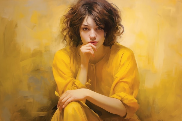 Mujer pensante en un vestido amarillo