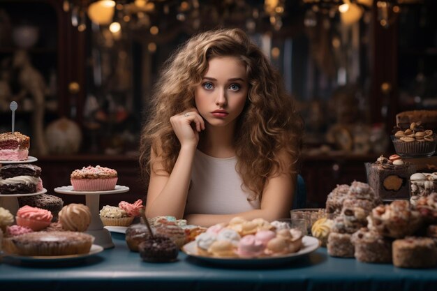 La mujer pensativa disfruta comiendo postres dulces posa en una mesa llena de sabrosos pasteles panqueques