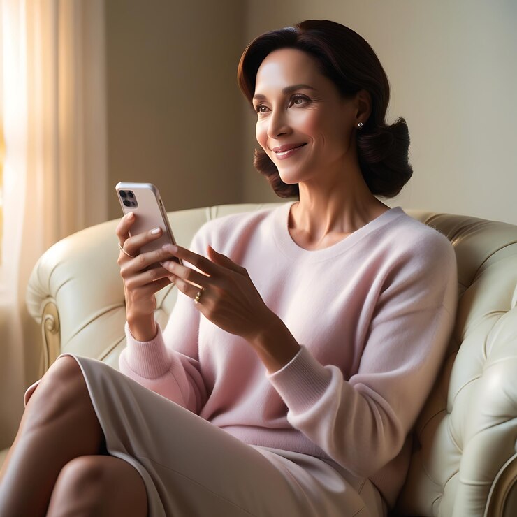 Mujer pensativa sonriendo en el sofá con el teléfono móvil y mirando hacia otro lado