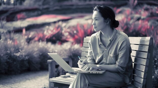 Mujer pensativa tomando notas y sentada en un banco al aire libre