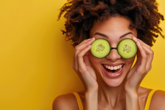 Foto una mujer con pepinos pegados a sus ojos para la belleza