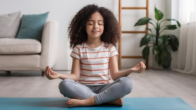 Foto una mujer pequeña sonriente y aliviada meditando un niño intentando hacer yoga