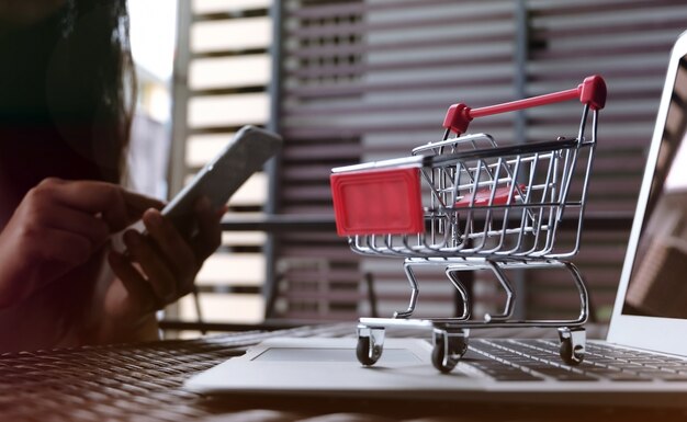Mujer y pequeño carro de compras con ordenador portátil para el concepto de compras en línea por Internet