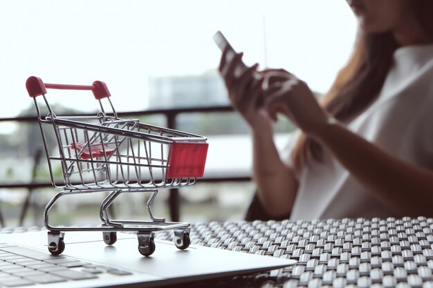 Mujer y pequeño carro de compras con ordenador portátil para el concepto de compras en línea por Internet
