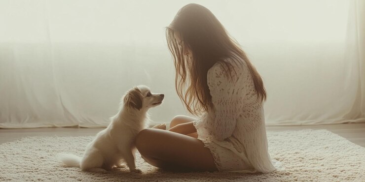 una mujer y un pequeño perro están sentados en el suelo