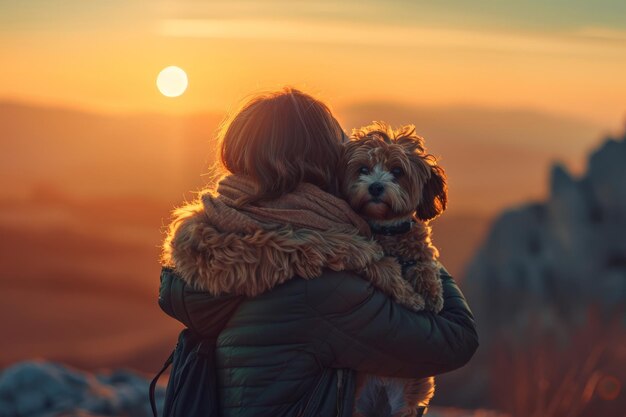 Mujer con perro al atardecer