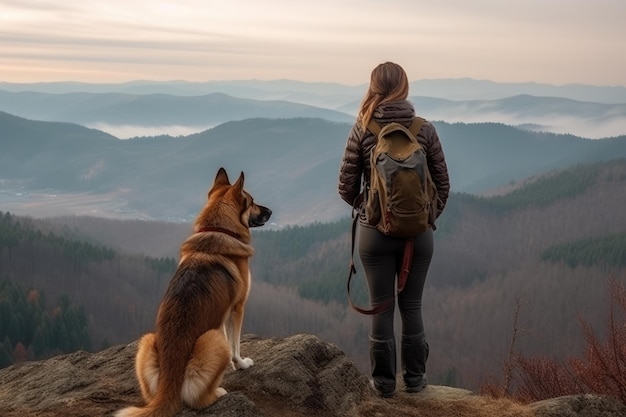 Mujer y perro en la cima de una montaña IA generativa