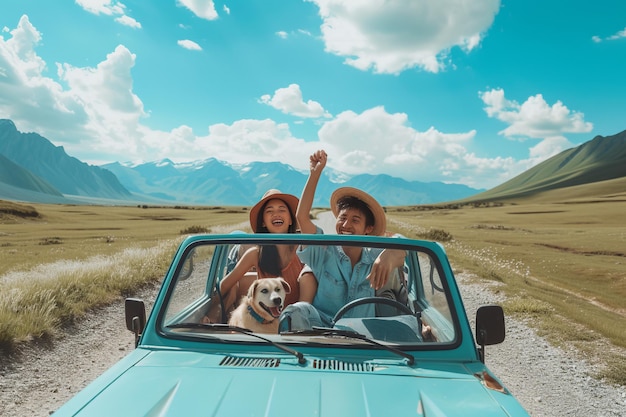 Mujer y perro disfrutando de un viaje en coche por las montañas con IA generada