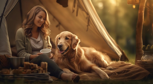 Mujer con perro dorado en el campamento