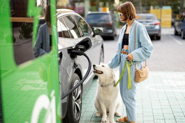 Mujer con perro esperando un coche eléctrico para ser cargado en una estación pública