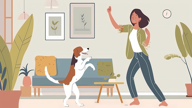 una mujer y un perro están de pie en una sala de estar con una mujer sosteniendo un puño en alto