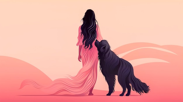 Mujer y perro en un fondo rosado generativo ai