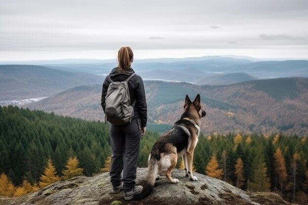 Mujer y perro mientras están en la cima de una montaña IA generativa