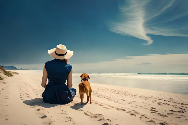 Mujer y perro en la playa con un fondo de cielo