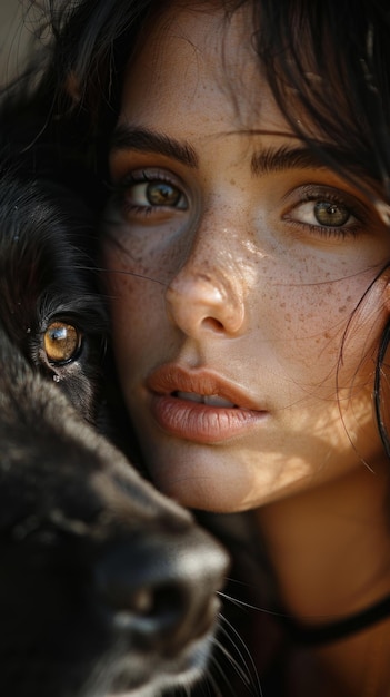 Mujer y perro posando para una foto