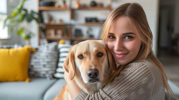 Foto mujer con perro en la sala de estar