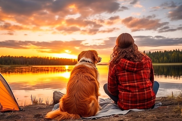 Una mujer y un perro sentados en la orilla de un lago durante la puesta de sol