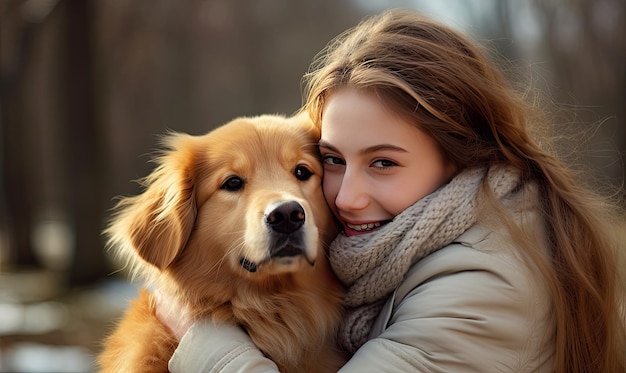 Una mujer con un perro en sus brazos