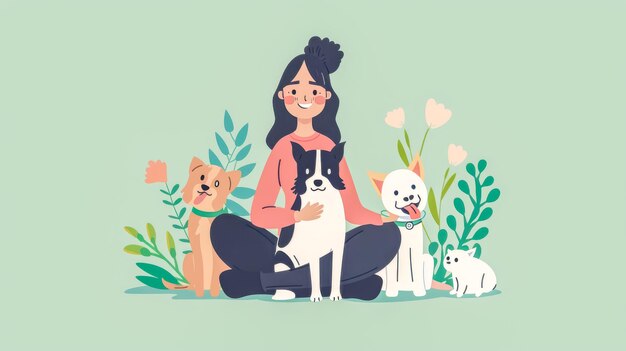 Foto mujer con perros y gatos en la naturaleza