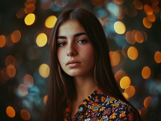 Mujer persa adolescente fotorrealista con ilustración vintage de cabello lacio castaño