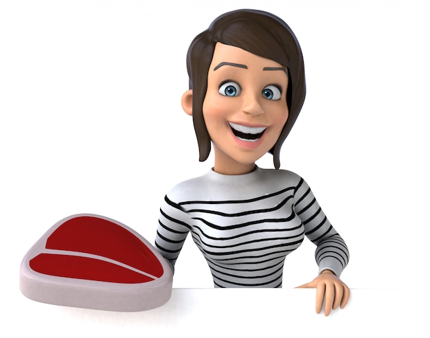 Mujer de personaje casual de dibujos animados 3D divertido con bistec