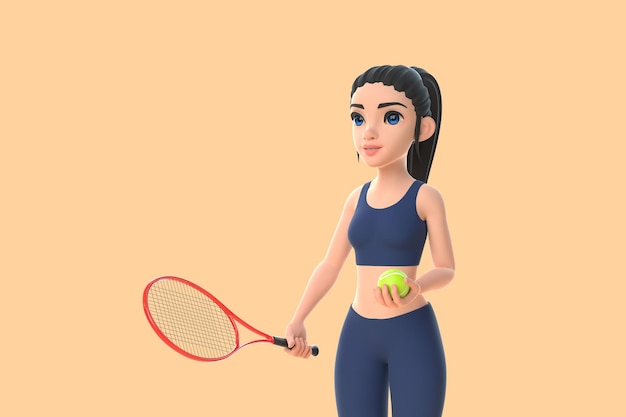 Mujer de personaje de dibujos animados en ropa deportiva jugando tenis sobre fondo beige ilustración 3D