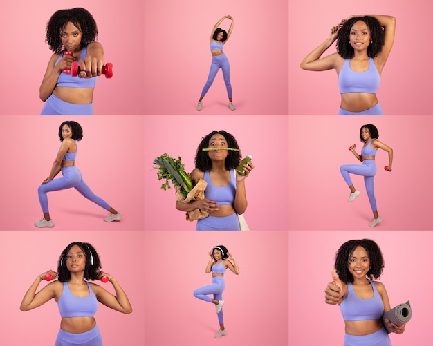 Mujer con pesas y comida saludable contra un fondo rosa