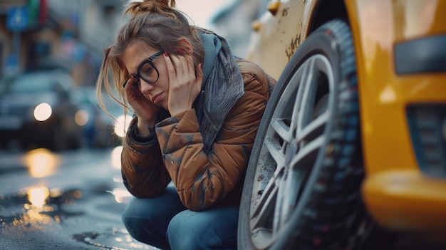 Mujer pidiendo ayuda con neumático pinchado en un coche en la ciudad