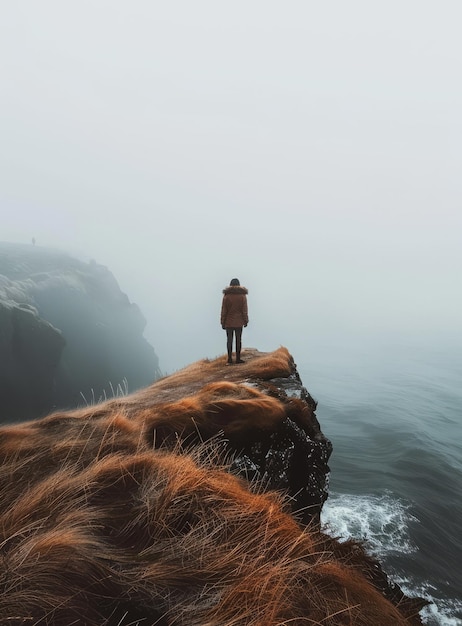 Mujer de pie en un acantilado con vistas al océano