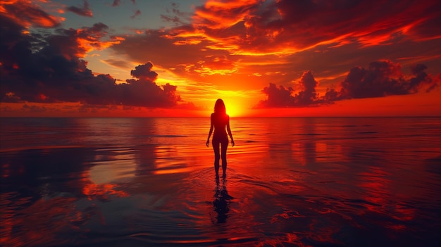 Foto mujer de pie en el agua al atardecer